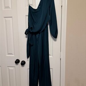 Lush Dark Green Straight/wide Leg Jumpsuit one shoulder Small multi wear!